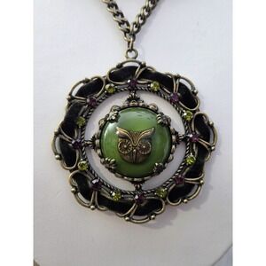 Owl Pendant Statement‎ Necklace Faux Jade Bronze Tone Chain Ribbon Rhinestones